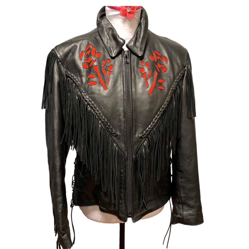 Black Leather Fringe Jacket with Red Floral Appliqué